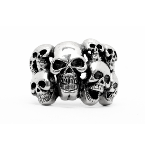 Chevalière Biker Men's Ring Stainless Steel Multiple Death Heads Silver Army