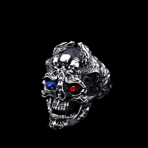 Ring Men's Death Head Steel Red Eye and Blue FRANCE Demon Punk Motard Biker