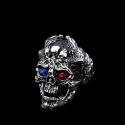 Anillo Cabeza de Muerte Hombre Ojo Rojo y Francia Azul Demon Punk Motard Biker