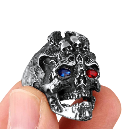 Hombre cabeza cabeza hombre acero rojo ojos y azul demonio punk biker motorista