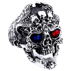 Bague Tête de Mort Homme Acier Oeil Rouge et Bleu Démon Punk Motard Biker