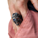 Anello Teschio testa maschio acciaio rosso e blu Demon Punk