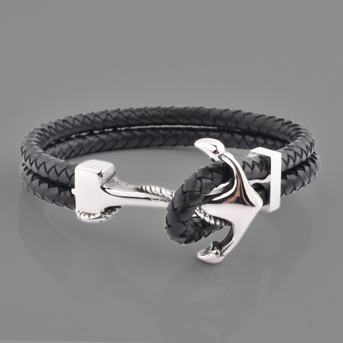 Men's Bracelet Buckle Ring Navy Stainless Steel and Double Cordon Leather 22cm Styled