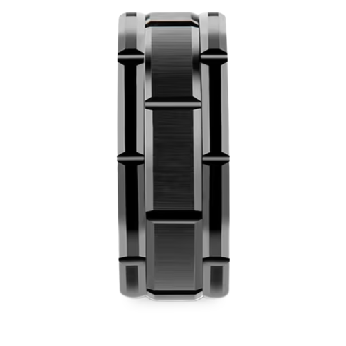 Cierre de bordes biselados y ranuras geométricas del anillo de tungsteno anti-rasguño negro.