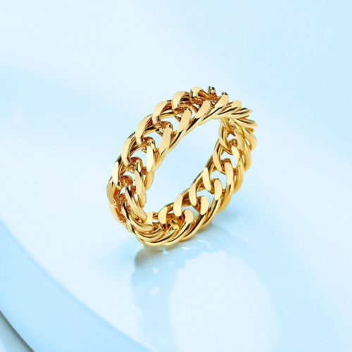 Anello ad anello per donna in acciaio inox dorato con catena in maglia cubana, oro fine