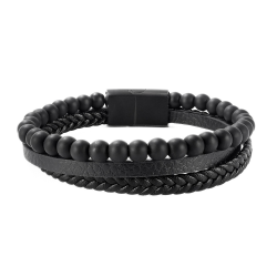 Multi-Row Herren Armband Echtes Leder Schwarzer Perlen Stahlverschluss