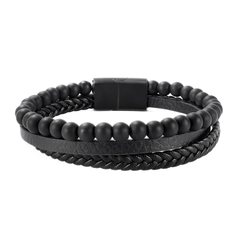Multi-Row Herren Armband Echtes Leder Schwarzer Perlen Stahlverschluss
