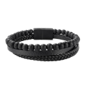 Men's bracelet multi-row genuine leather black beads steel clasp