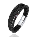 Bracelet Homme Multi Rangs Cuir Véritable Et Pierres de Lave Bois Fermoir Acier