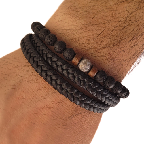 Bracelet Homme Multi Rangs Cuir Véritable Et Pierres de Lave Bois Fermoir Acier inoxydable
