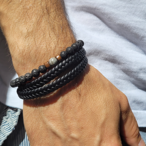 Pulsera de hombre de varias filas de cuero genuino y piedras de lava y cierre de acero de madera