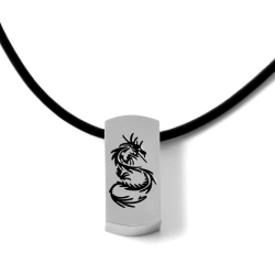 Collana corda in pelle e ciondolo uomo nero inciso placca in acciaio drago