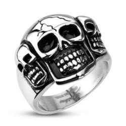 BAGUE CHEVALIERE HOMME ACIER INOX TROIS CRÄNES TETES DE MORT BIKER