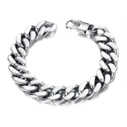 Pulsera de hombre de acero inoxidable pulido y lustroso, compuesto por enlaces grandes, tipo de malla cubana de 12 mm de ancho.