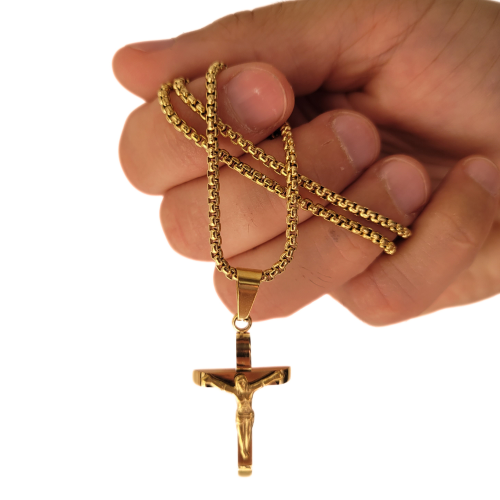 Kreuz Anhänger mit Christus Jesus Crucified Gold Steel und seine Wheat Grain Kette