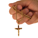 Cross Pendant With Christ Jesus Crucified Gold Steel and its Wheat Grain Chain