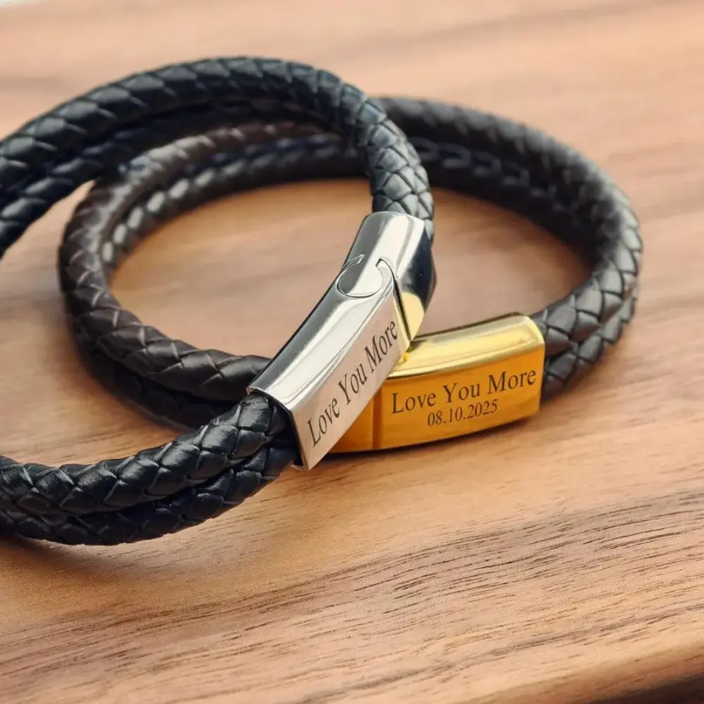 Bracelet gravé cuir et acier