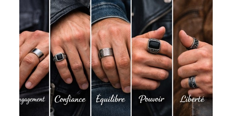 Signification des bagues portées par les hommes : annulaire, auriculaire, majeur, index et pouce